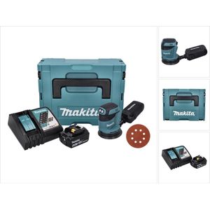 Makita DBO 180 RT1J 18 V 125 mm accu excentrische schuurmachine + 1x oplaadbare accu 5.0 Ah + lader + 50x K 320 schuurpapier + Makpac