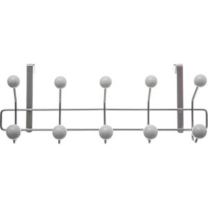 5Five Deur ophang kapstok - met 10 ophanghaken/knoppen - zilver/wit - B44 x H17 cm - metaal/kunststof