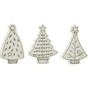 J-Line decoratie kerstboom dolomite - keramiek - wit/zwart - 3 stuks