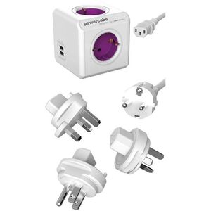 DesignNest PowerCube ReWirable DUO USB reisstekker - reis adapter - 4 stopcontacten - 2 USB laders - 3x wereld reis plug + 1 meter IEC EU kabel DE - Wit/Paars - wereld stekker