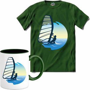 Windsurfer | Wind zeilen - Boot - Zeilboot - T-Shirt met mok - Unisex - Bottle Groen - Maat XXL