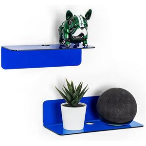 wandplanken set van 2, schadevrij uitbreiden wandruimte, kleine wandplank voor slimme luidspreker, actiefiguren, monitor met kabelclips, stick on, geen boor (blauw)