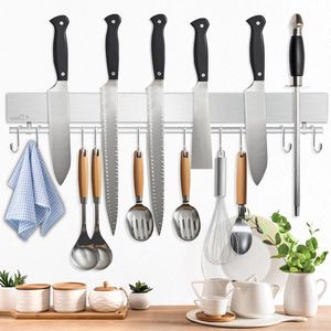 Magnetische messenlijst met 10 haken 43 cm van roestvrij staal inclusief plakband en schroeven