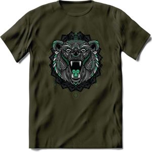 Beer - Dieren Mandala T-Shirt | Aqua | Grappig Verjaardag Zentangle Dierenkop Cadeau Shirt | Dames - Heren - Unisex | Wildlife Tshirt Kleding Kado | - Leger Groen - S