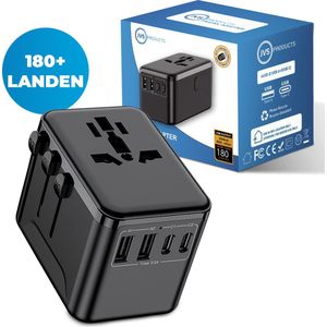 Universele wereldstekker - Snellader 18W - Reisstekker - Internationale Reisadapter - 2x USB-C en 2x USB-A - 180+ Landen - Amerika (USA) - Zuid Amerika - Engeland (UK) - Azië - Europa - Afrika - 2500W - Wereldstekker lichtgewicht - Zwart