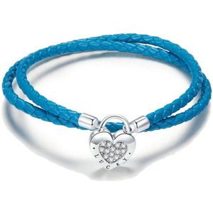 Dubbele gevlochten lederen bedelarmband blauw 17 cm