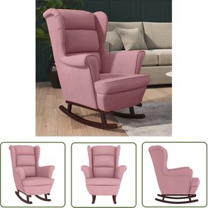The Living Store Schommelstoel met massief rubberwood poten fluweel roze - Schommelstoel - Lounge Chair - Relaxfauteuil - Fluweel Meubels - Rozerode Meubels