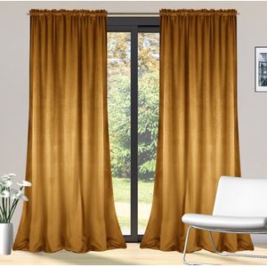 Glow Thuis - Kant en klaar 70% Verduisterend Gordijn - Hoge kwaliteit Fluweel – kuiper goud kleur Curtains - Gordijn met Plooiband ( Inclusief haken )- 140x250 cm - 1 Stuk