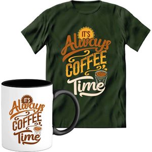 T-Shirtknaller T-Shirt met Koffiemok | Its Always Coffee Time - Koffie Kleding | Heren / Dames Shirt met Mok Cadeau | Kleur groen | Maat 3XL