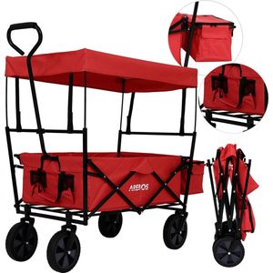 AREBOS Bolderkar Opvouwbaar met Dak - Handkar - Bolderkar Luchtbanden - Handwagen - 70 kg - 360° Draaibare Voorwielen - Rood