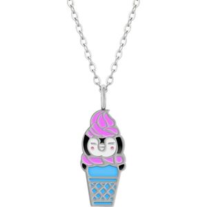 Zilveren ketting meisjes | Zilveren ketting met hanger, pinguïn in blauw ijsbakje