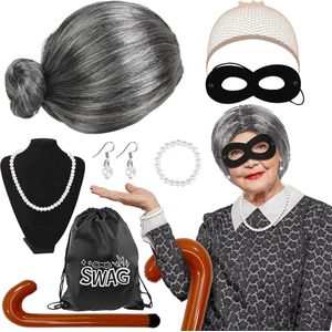 9-delig omapruik, kostuum, inbreker, granny kostuum, accessoires, oma-pruik met oogmasker, geldszak, opblaasbare stok, parelketting, armband, oorbellen, grootmoeder, verkleedkleding voor