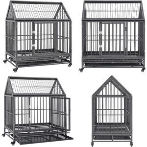 vidaXL Hondenbench met wielen en dak 92x62x106 cm staal - Hondenhok - Hondenhokken - Hondenhok Met Dak - Hondenhokken Met Dak