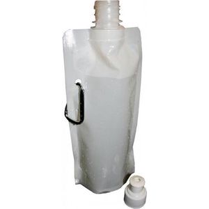 Set van 6x stuks waterzak / drinkfles met karabijnhaak - Wit - 400 ml - Opvouwbaar - Waterfles herbruikbaar met haak - Herbruikbare opvouwbare waterzakken - Festival Gadget