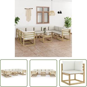 The Living Store Pallet Loungeset - Grenenhout - Hoekbank (64x64x70 cm) - Middenbank (60x64x70 cm) - Tafel (60x60x36.5 cm) - CrÃ¨mewitte kussens - Montage vereist - Inclusief 9 zitkussens en 13 rug/zijkussens