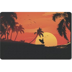Bureau mat - Tropische tekening van een surfer bij zonsondergang - 60x40