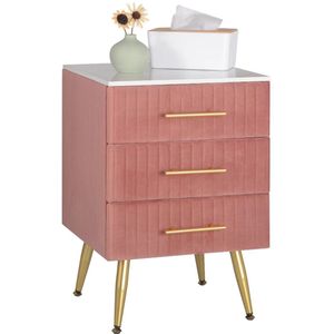 Roxana® Nachtkastje - Roze - Goud - Fluweel - 3 Lades - Slaapkamer - 40.5 x 41 x 62 Cm - MDF, Metaal, Velvet En Hout - Gewichtsvermogen 80 Kg