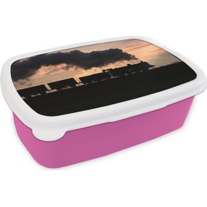 Broodtrommel Roze - Lunchbox - Brooddoos - Een stoomlocomotief bij zonsondergang - 18x12x6 cm - Kinderen - Meisje