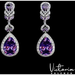 Victoria Valenza Monte Carlo Luxe Oorbellen Dames Messing Oorhangers Dames Oorringen - Paarse Steen - Kleur Zilver - 1 Paar