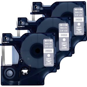 DULA Dymo D1 40920 Compatible label tape - 3 lettertapes - Wit op transparant - 9mm x 7m