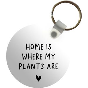 Sleutelhanger - Engelse quote Home is where my plants are met een hartje tegen een witte achtergrond - Plastic - Rond - Uitdeelcadeautjes