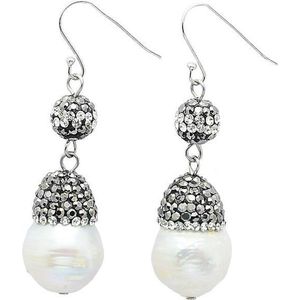 Zoetwater parel oorbellen Bright Pearl Dangling Nut - oorhangers - echte parels - sterling zilver (925)- wit - zwart - stras steentjes