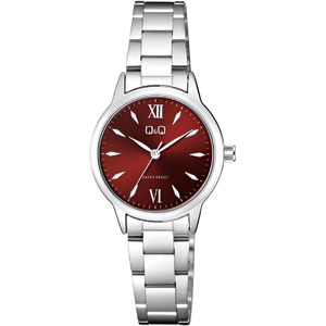 Q&Q Q11A-003PY - Horloge - Analoog - Dames - Vrouwen - stalen band - Ovaal - Metaal - Zilverkleurig - Rood