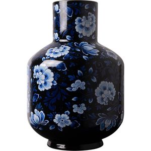 Heinen Delfts Blauw Hoge bol vaas allover bloem zwart met blauw 23 x 35 cm - porselein by supervintage