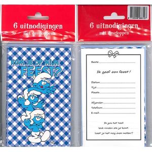 12 Uitnodigingskaartjes met envelop - Smurfen geruit blauw - 9 x 13.5 cm