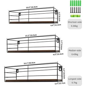 Wandrek, set van 3, zwevende plank met rustieke houten plank en zwart metaal, voor keuken, badkamer, woonkamer en kantoor