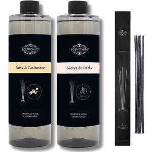 Navulling rose & cashmere + secret de paris + geurstokjes - Geurstokjes Navulling Set van 2 + 5 Geurstokjes - Geurverspreider - Luchtverfrisser - Huisparfum - 400ml x 2