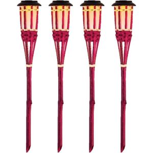 8x Roze buiten/tuin Led fakkel Bodi solar verlichting bamboe 54 cm vlam - Tuinfakkel - Tuinlampen - Lampen op zonne-energie