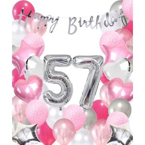 Snoes Ballonnen 57 Jaar Pink Blush Silver Mega Ballon - Compleet Feestpakket 57 Jaar - Verjaardag Versiering Slinger Happy Birthday – Folieballon – Latex Ballonnen - Helium Ballonnen - Zilver en Roze Verjaardag Decoratie