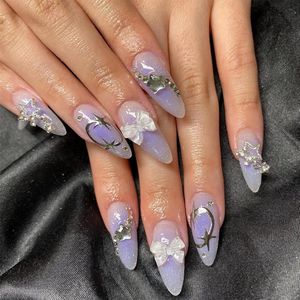 Amandelnagels om op te drukken - 24 stuks | Kunstnagels met bedels en strik motieven | Ster en strass volledige afdekking - om op te plakken