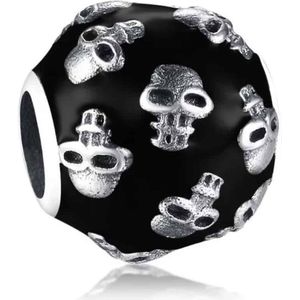 Geloof en Geluk - Zilveren bedels - Bol bedel doodshoofd | Skull bead zwart | 925 Sterling Zilver - Geschikt voor alle merken - 925 Zilver Certificaat - Tip Moederdag