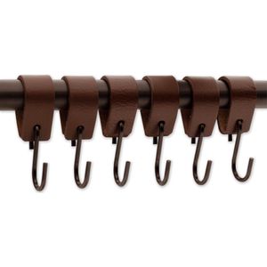 Brute Strength - Leren S-haak hangers - Bruin - 24 stuks - 12,5 x 2,5 cm – Zwart zilver – Leer - handdoekhaakjes - Ophanghaken – kapstokhaak