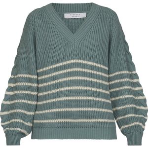 SISTERS POINT Miba-v.strip Dames Trui - Dusty green/cream - Maat L