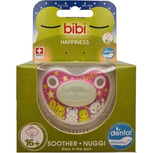 Bibi Happiness Glow In The Dark Dental Fopspeen 16 maanden plus Roze