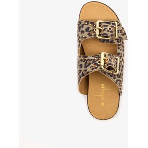 Harper leren dames slippers met panterprint - Bruin - Echt leer - Maat 41