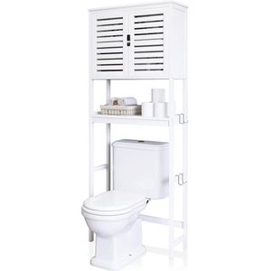 Toiletkast organizer vrijstaand bamboe wit - badkamer boven het toilet opbergkast met verstelbare binnenplank Wasmachine rek
