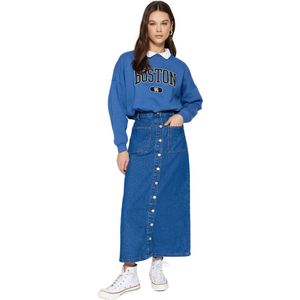 Trendyol Lichtblauwe Maxi-Spijkerbroekrok Met Dubbele Zak, Knoopsluiting Aan De Voorkant En Hoge Taille Tctss23Ee00002