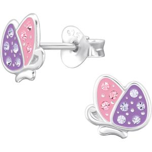 Joy|S - Zilveren vlinder oorbellen - 7.1 x 7.5 mm - paars roze met kristalletjes
