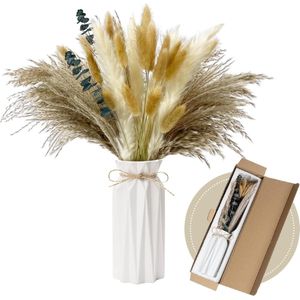 44 stuks pampasgras, gedroogd, pampasgras, droogbloemen, decoratie, inclusief vaas, echt natuurlijk pampasgras, voor boho-decoratie, woondecoratie, woonkamer, bruiloftsbloemen