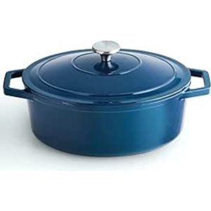 braadpan individueel - deksel van gietijzer met knop van roestvrij staal - geschikt voor inductie - ovenvast - blauw (ovaal)