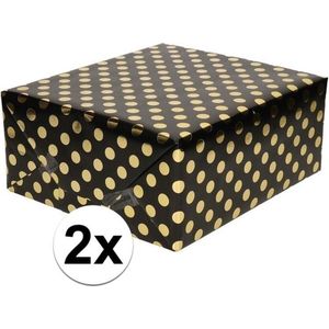 2x Zwart folie inpakpapier/cadeaupapier gouden stip 200 x 70 cm - Inpakpapier/cadeaupapier/geschenkpapier - Cadeautjes inpakken