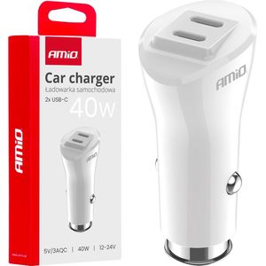 AMiO Autolader Telefoon Dual USB-C 40W 12/24V Wit