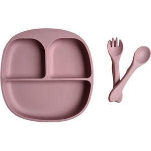 Dinerset - Kinderserviesset - 3 delig kinderserviesset - Siliconen - diner - Bestek - Kinderbestek - kinderservies - kraamcadeau - baby - kind - servies - babyservies - eten - drinken - dinerset - diner - kraampakket - Pale Rose