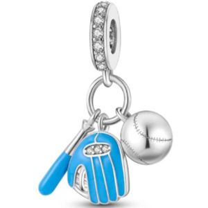 SportPresent® - SportBedel - Honkbalset Blauw - Bedel voor Armband - Geschikt voor armband - Honkbalset - Handschoen - Zirkonia - Basebal - Honkbal - Knuppel - Softbal - Sport - Charm - Zilver - 925 - Ketting - Sleutelhanger - Teamkado