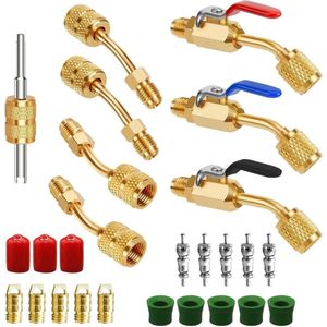 Allecto Plus - Split Adapter Kit voor HVAC Koelmiddel - 26 Stuks - Geschikt voor R410A R134A R12 R22 - Met Hoekige Kogelkraan - 1/4 Inch - Voor Airconditioning Systemen.