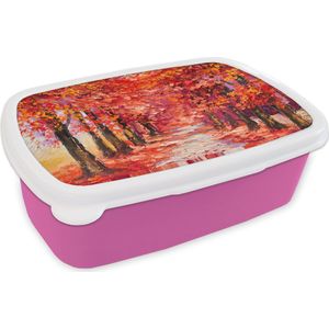 Broodtrommel Roze - Lunchbox - Brooddoos - Schilderij - Bomen - Herfst - Olieverf - 18x12x6 cm - Kinderen - Meisje